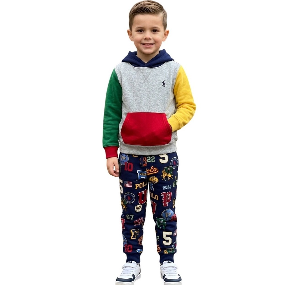 Polo Ralph Lauren Boys 6 Colorblock Hoodie Varsity Print Jogger Fleece Set
